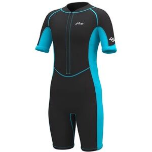 Kids Short Sleeve Rashguard Wetsuit - Black & Teal - Front Zip